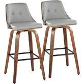 Gianna Swivel Bar Stool in Walnut Wood & Light Grey Leatherette with Black Footrest (Set of 2)